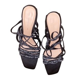 Zara Black Strappy Heels with White Text